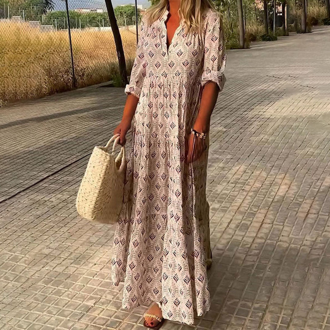 Maxi V-Neck Button-Down Boho Print Dress for Women