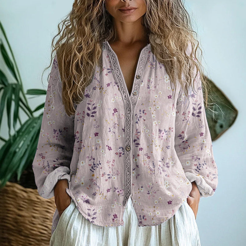 Floral Print V-Neck Long Sleeve Blouse for Women