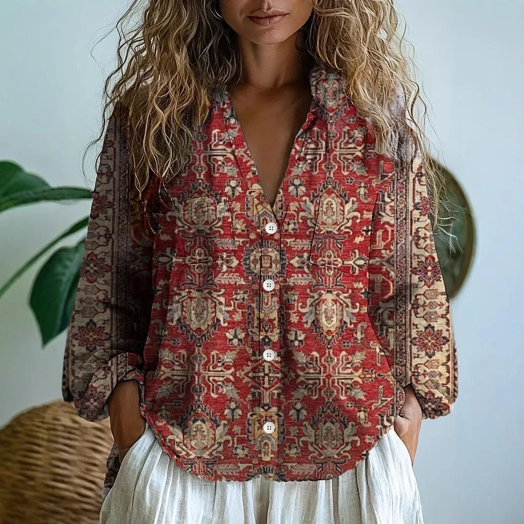 Floral Print V-Neck Long Sleeve Blouse for Women