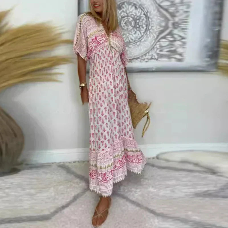 Boho Print Short Sleeve Maxi Dress for Women