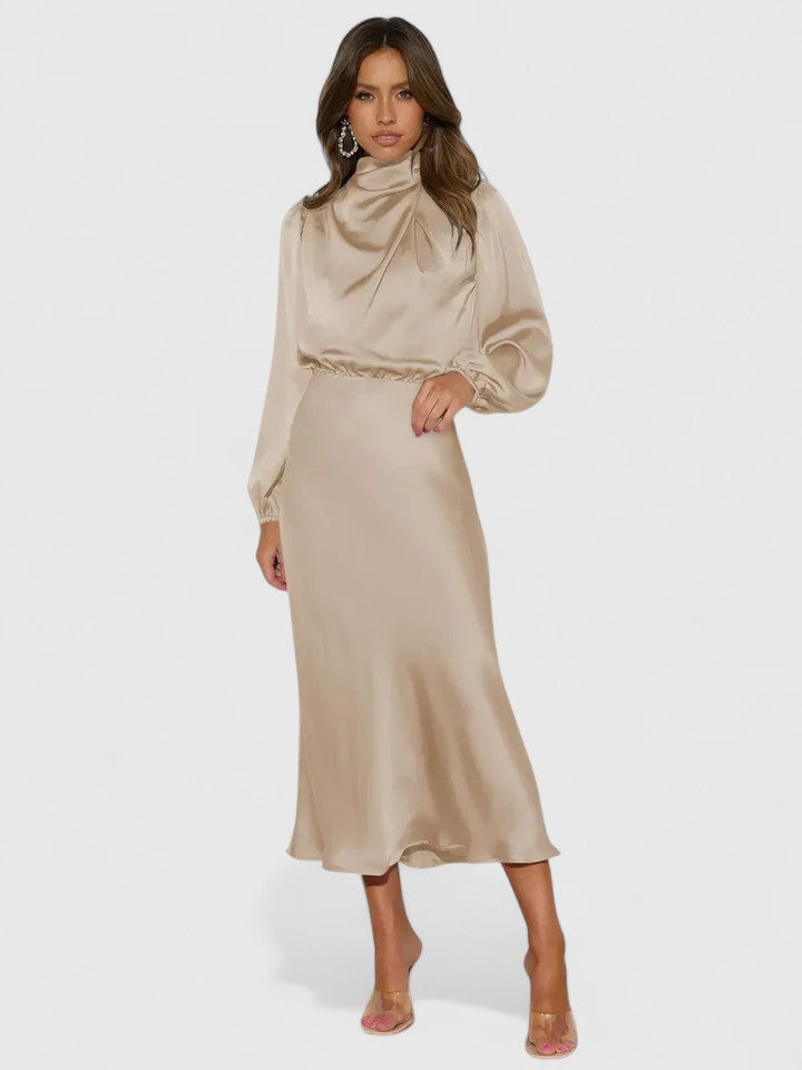Draped Long Sleeve Satin Maxi Dress for Women