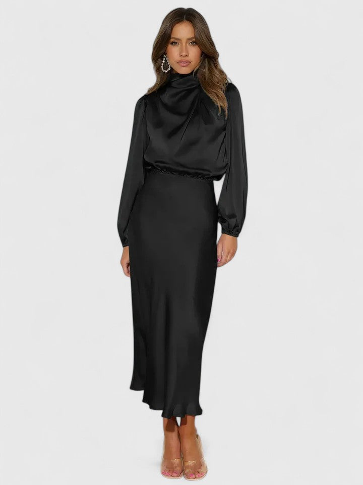 Draped Long Sleeve Satin Maxi Dress for Women