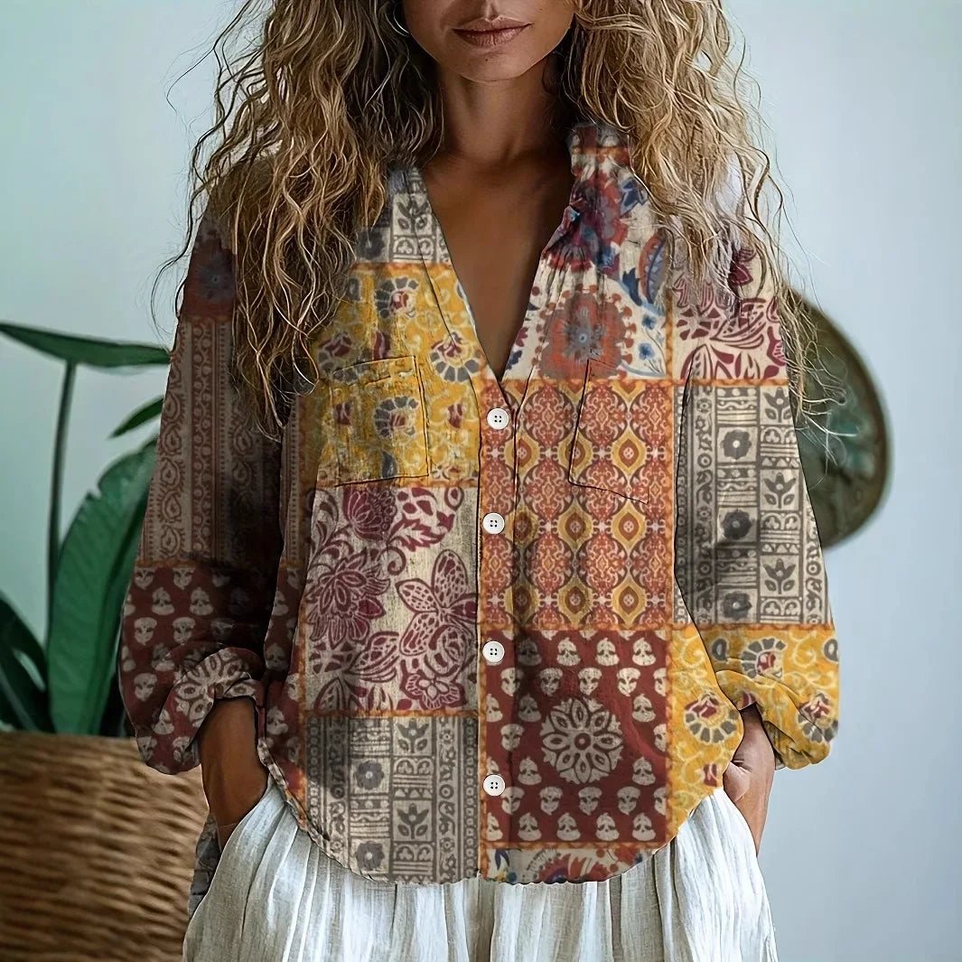 Floral Print V-Neck Long Sleeve Blouse for Women