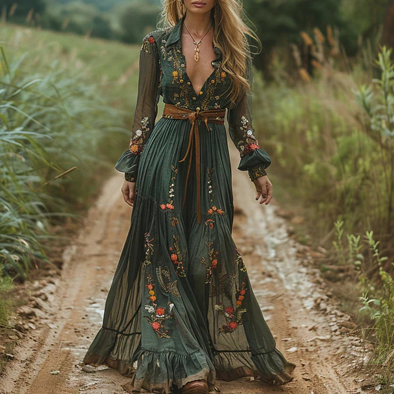 Embroidered V-Neck Maxi Dress for Women