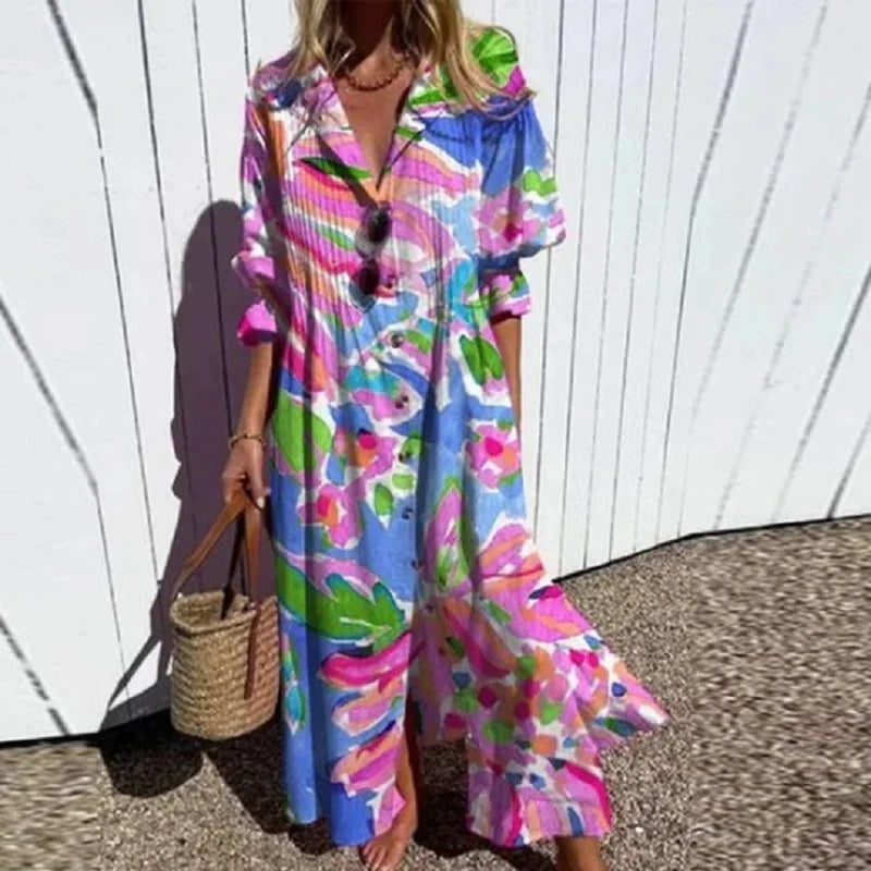 Floral V-Neck Long Sleeve Maxi Dress for Women