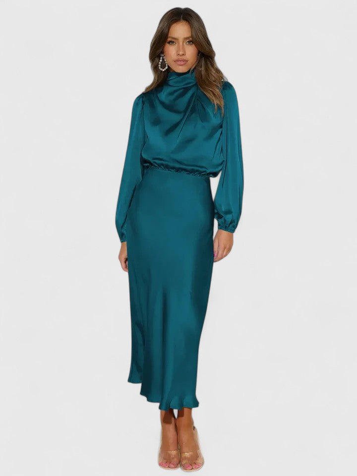Draped Long Sleeve Satin Maxi Dress for Women
