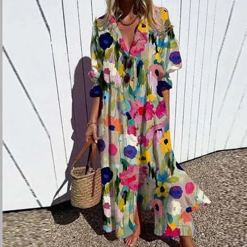Floral V-Neck Long Sleeve Maxi Dress for Women