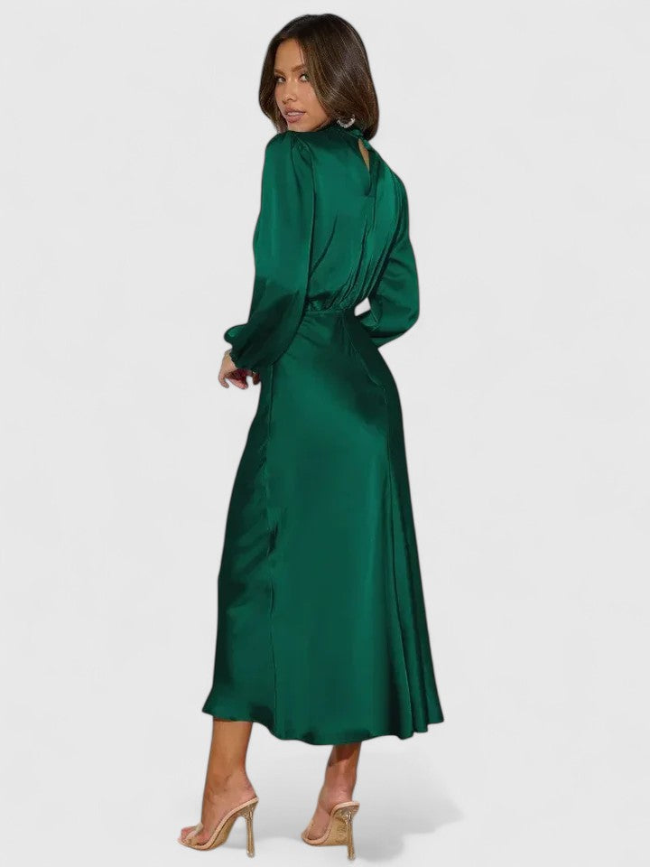 Draped Long Sleeve Satin Maxi Dress for Women