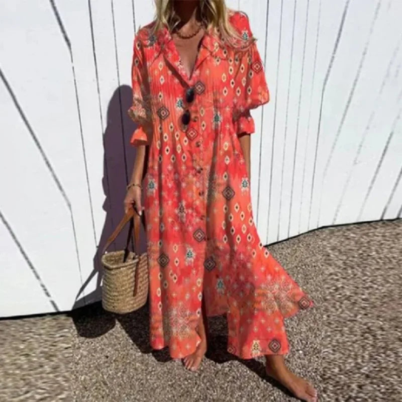 Floral V-Neck Long Sleeve Maxi Dress for Women