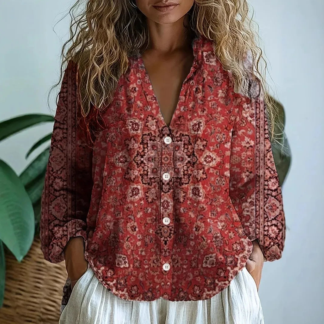 Floral Print V-Neck Long Sleeve Blouse for Women