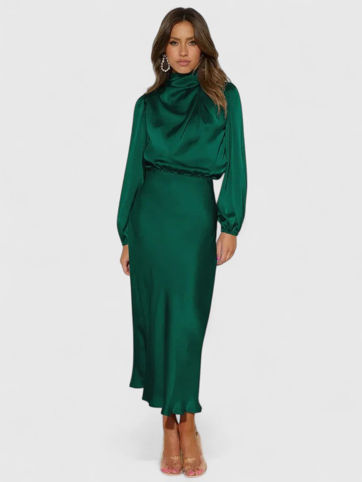 Draped Long Sleeve Satin Maxi Dress for Women