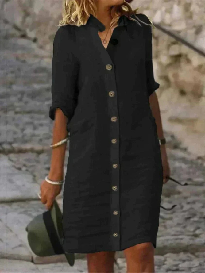 Linen Button-Down Shirt Dress with 3/4 Sleeves for Women