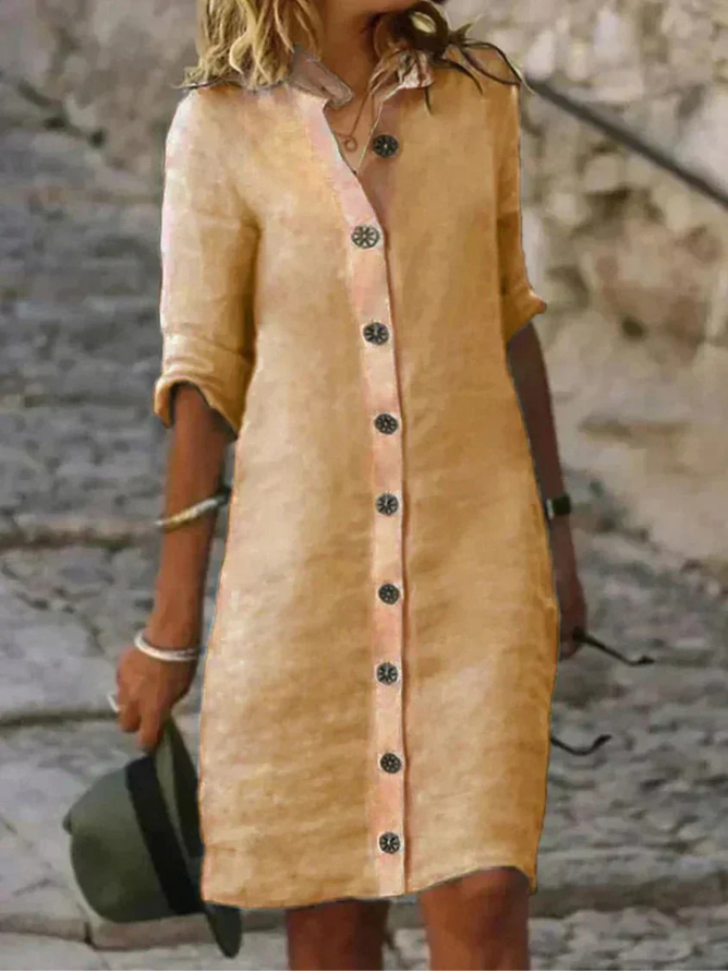 Linen Button-Down Shirt Dress with 3/4 Sleeves for Women