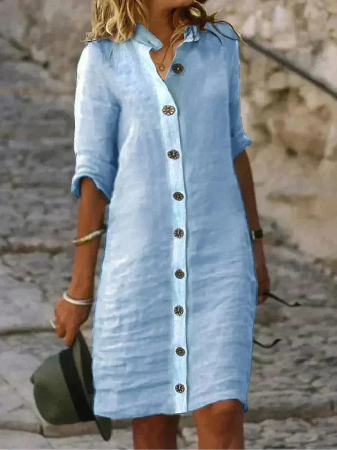 Linen Button-Down Shirt Dress with 3/4 Sleeves for Women