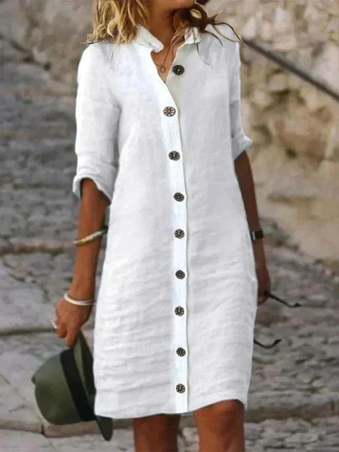 Linen Button-Down Shirt Dress with 3/4 Sleeves for Women