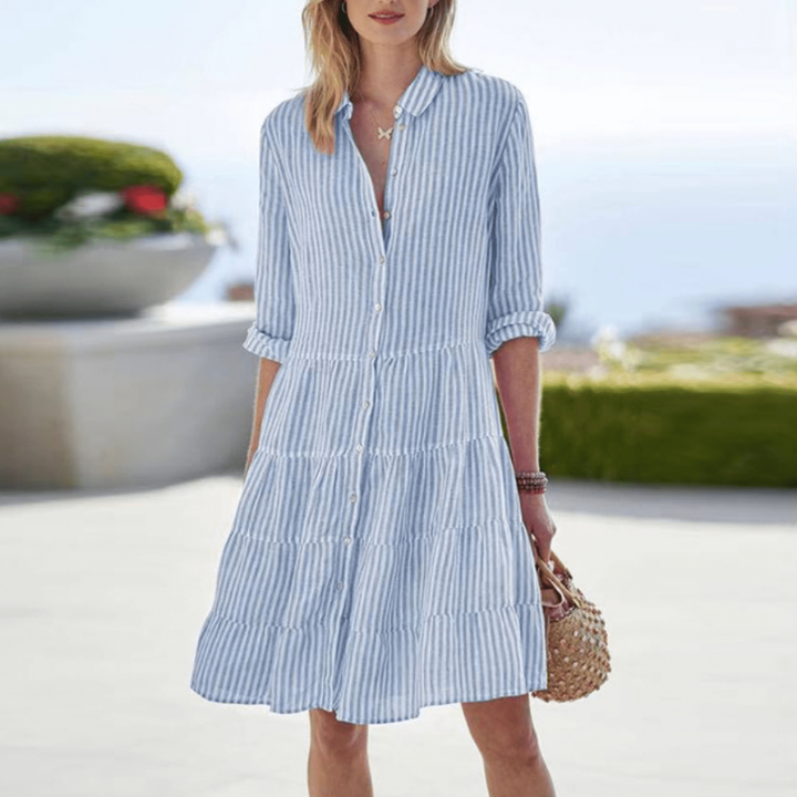 Linen Striped Tiered Shirt Dress for Women