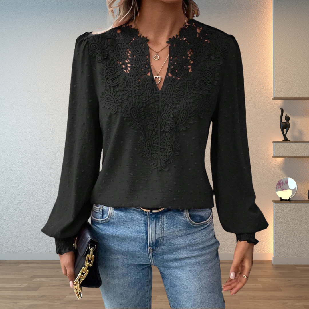 Long Sleeve V-Neck Lace Blouse for Women