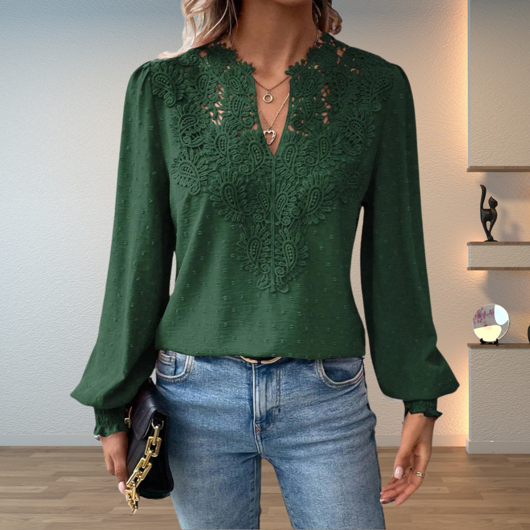 Long Sleeve V-Neck Lace Blouse for Women
