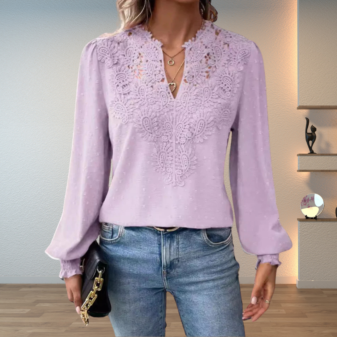 Long Sleeve V-Neck Lace Blouse for Women
