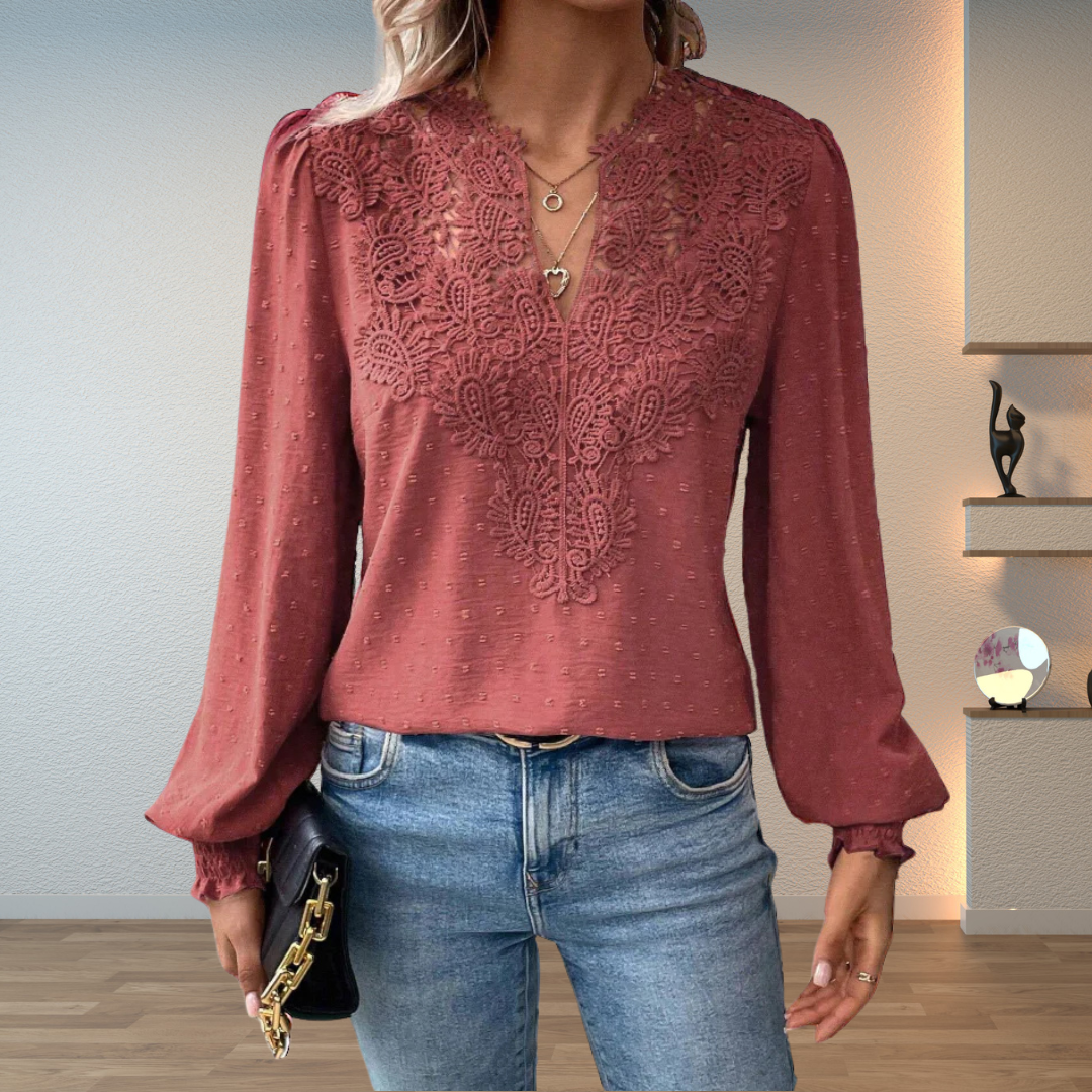 Long Sleeve V-Neck Lace Blouse for Women