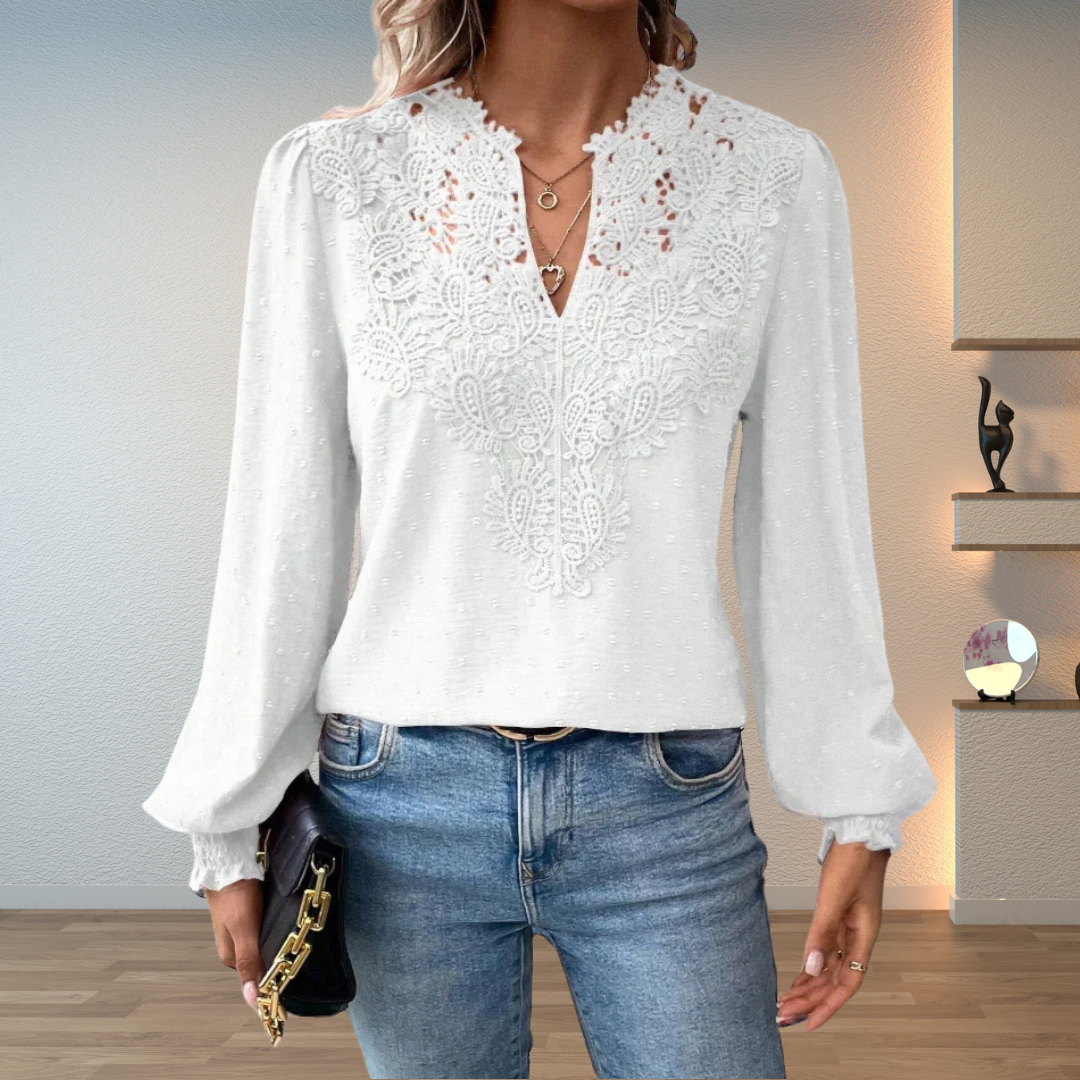 Long Sleeve V-Neck Lace Blouse for Women