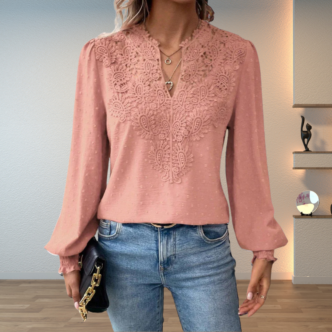 Long Sleeve V-Neck Lace Blouse for Women