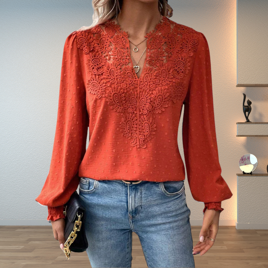 Long Sleeve V-Neck Lace Blouse for Women