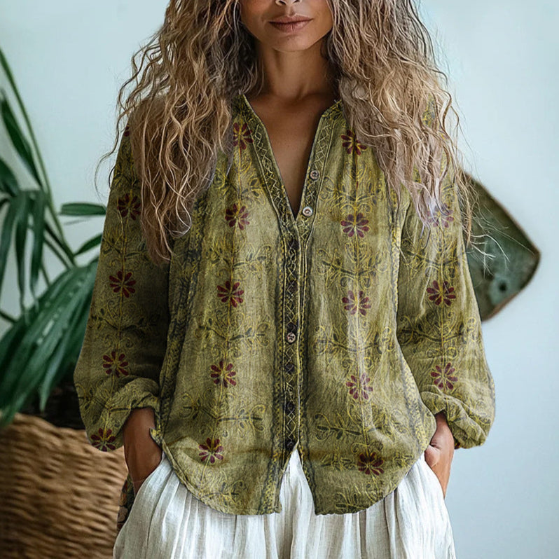 Floral Print V-Neck Long Sleeve Blouse for Women