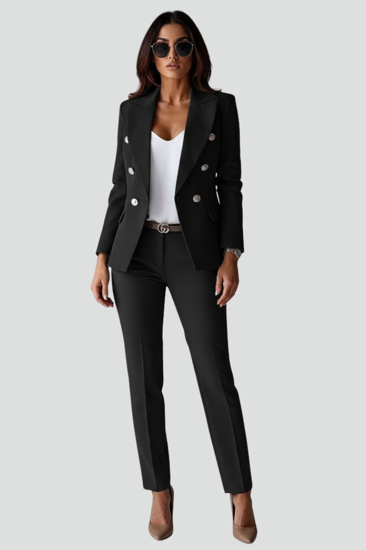 Double-Breasted Blazer and Straight Leg Trouser Set for Women