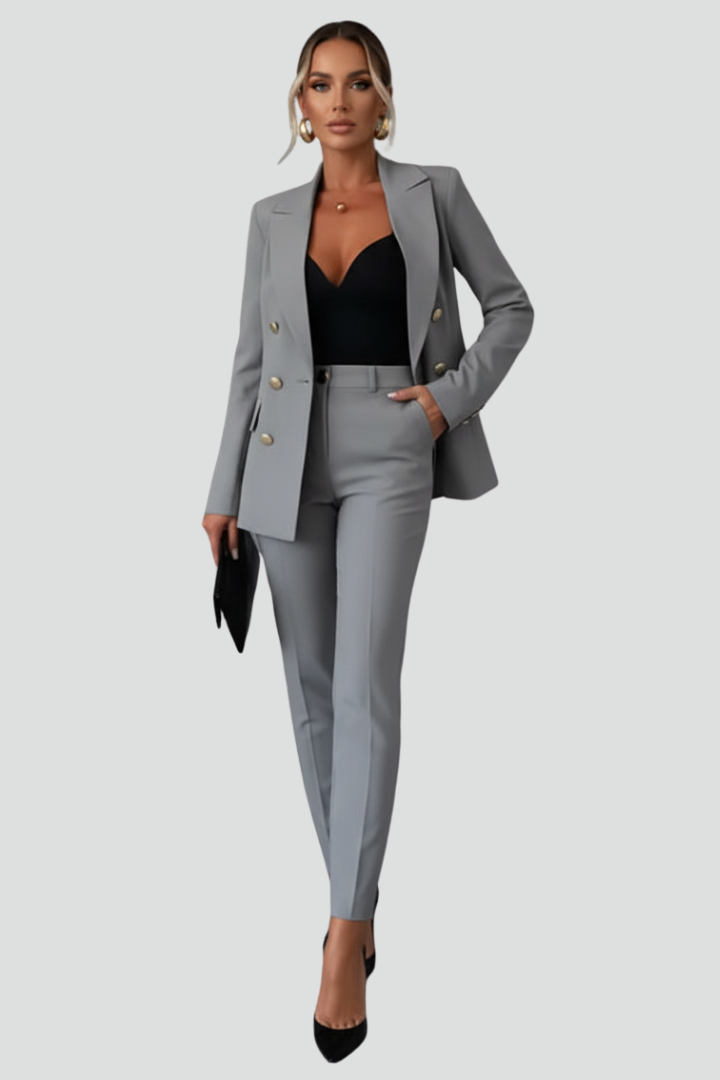 Double-Breasted Blazer and Straight Leg Trouser Set for Women
