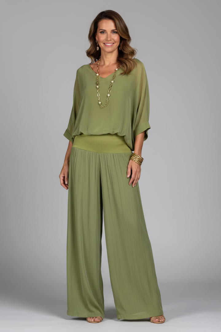 V-Neck Wide Leg Chiffon Set for Women