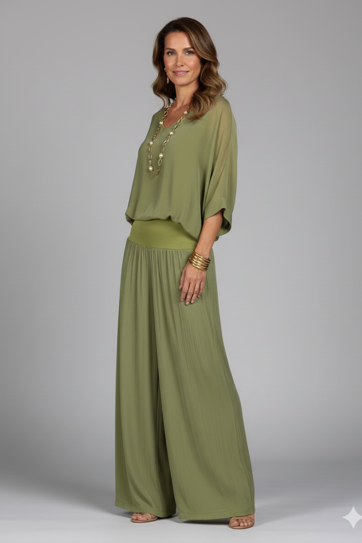 V-Neck Wide Leg Chiffon Set for Women