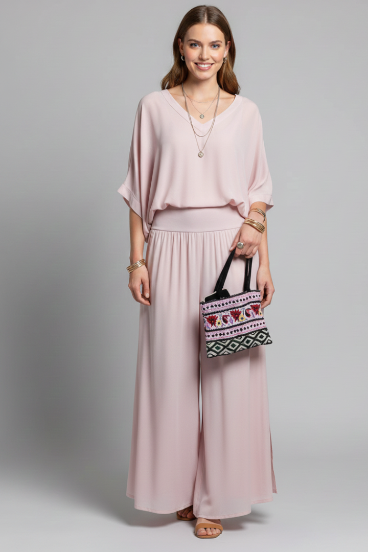 V-Neck Wide Leg Chiffon Set for Women