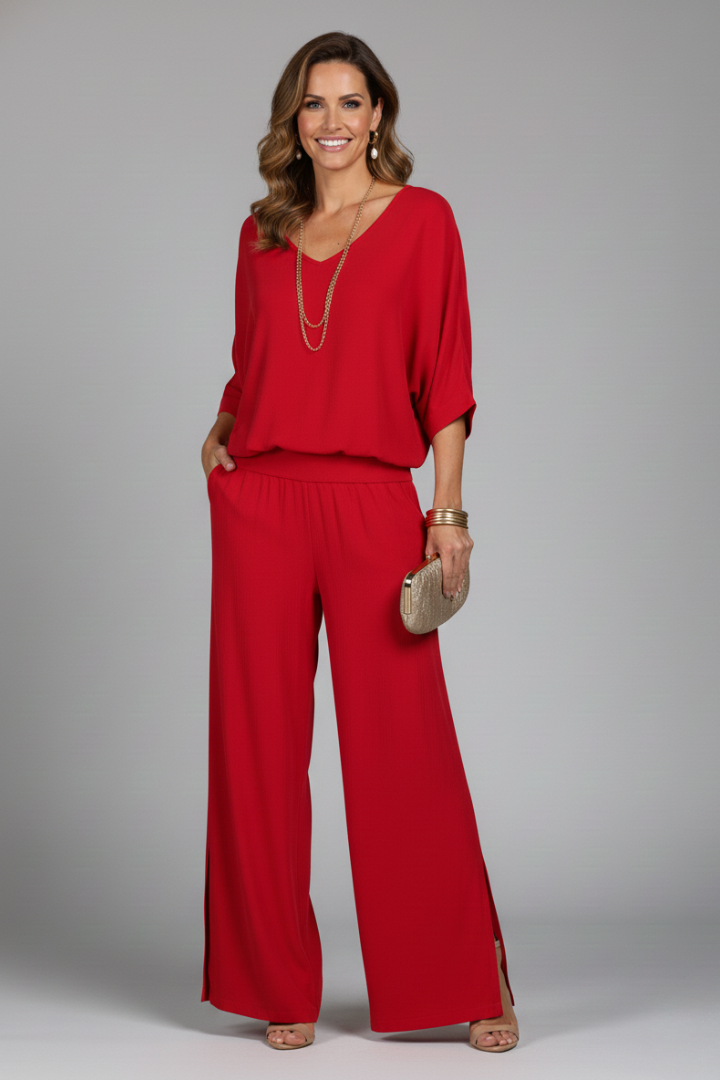 V-Neck Wide Leg Chiffon Set for Women
