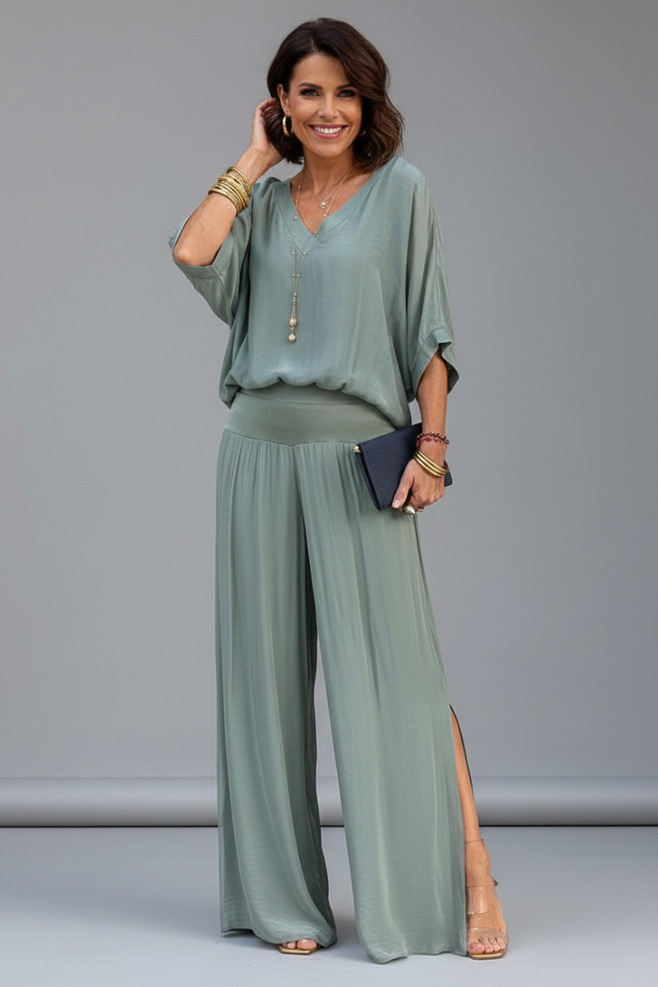 V-Neck Wide Leg Chiffon Set for Women