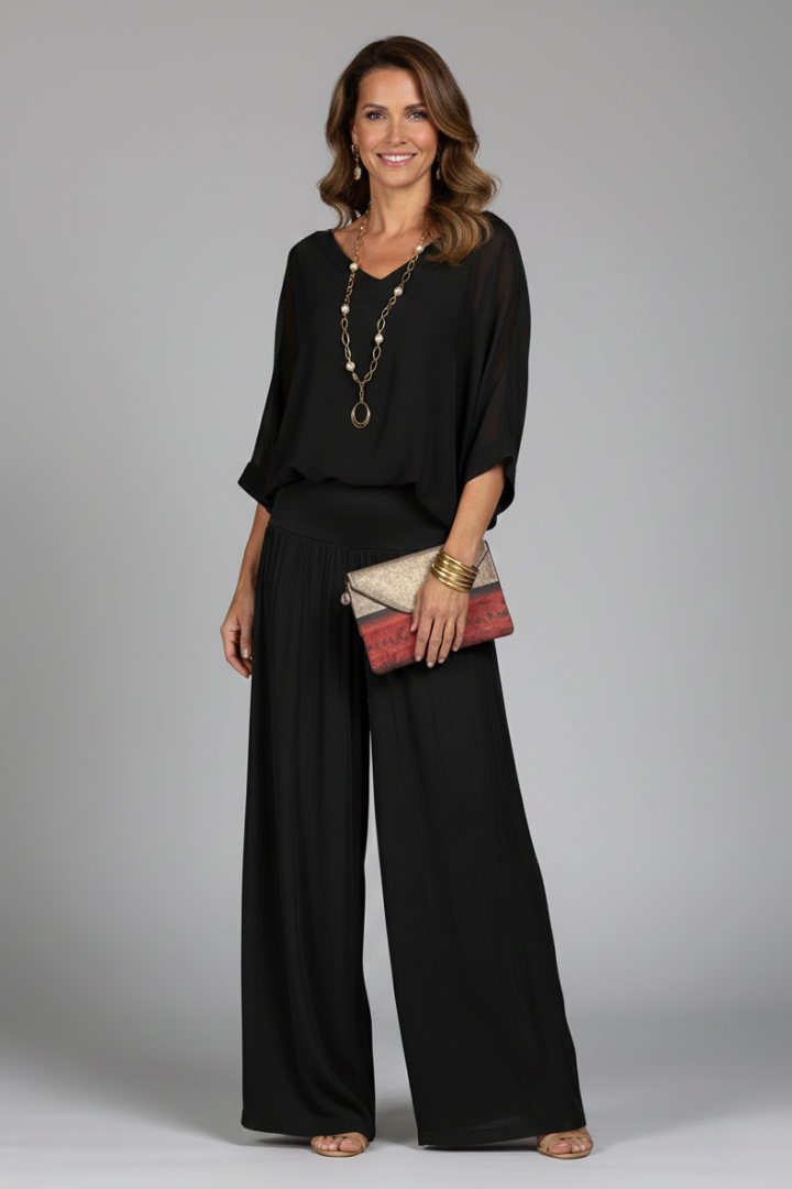 V-Neck Wide Leg Chiffon Set for Women