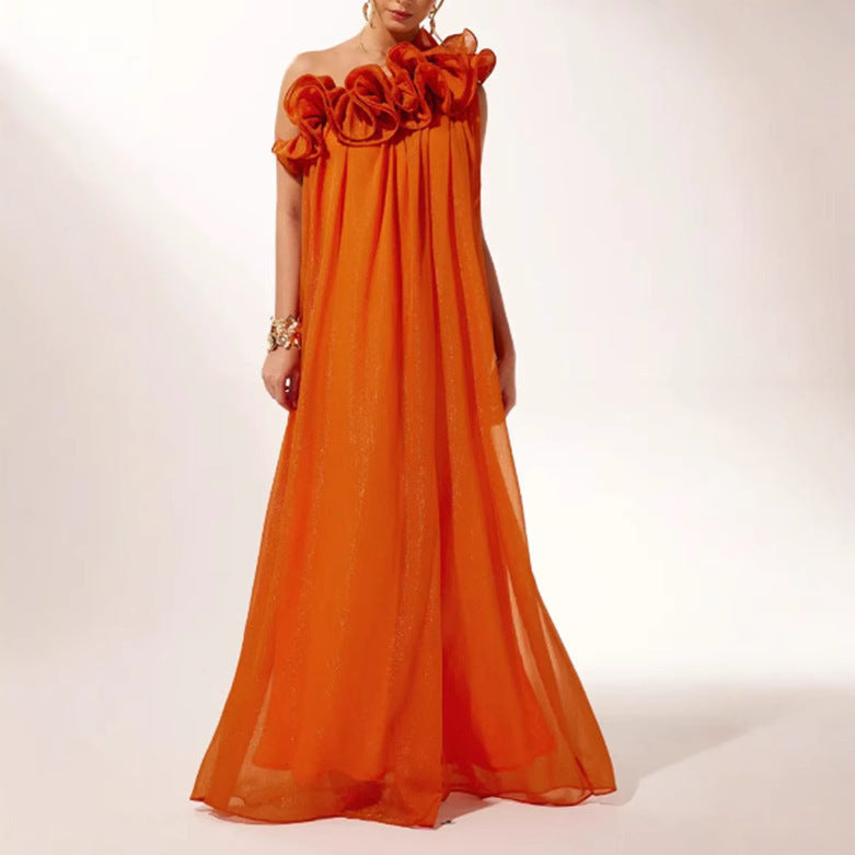 Pleated Three-Dimensional Flower Strapless Maxi Dress for Women