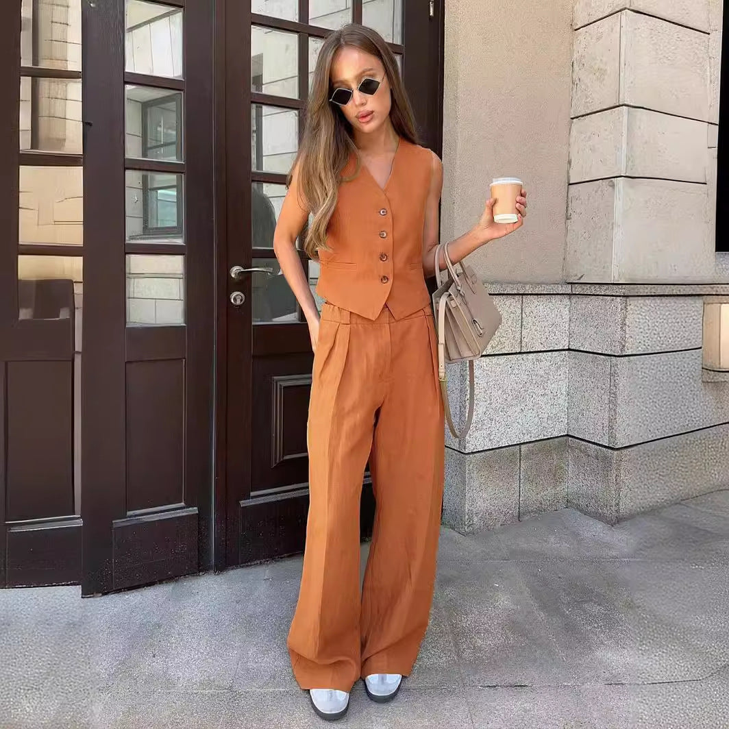 Linen Two-piece Set with Gilet and Trousers for Women