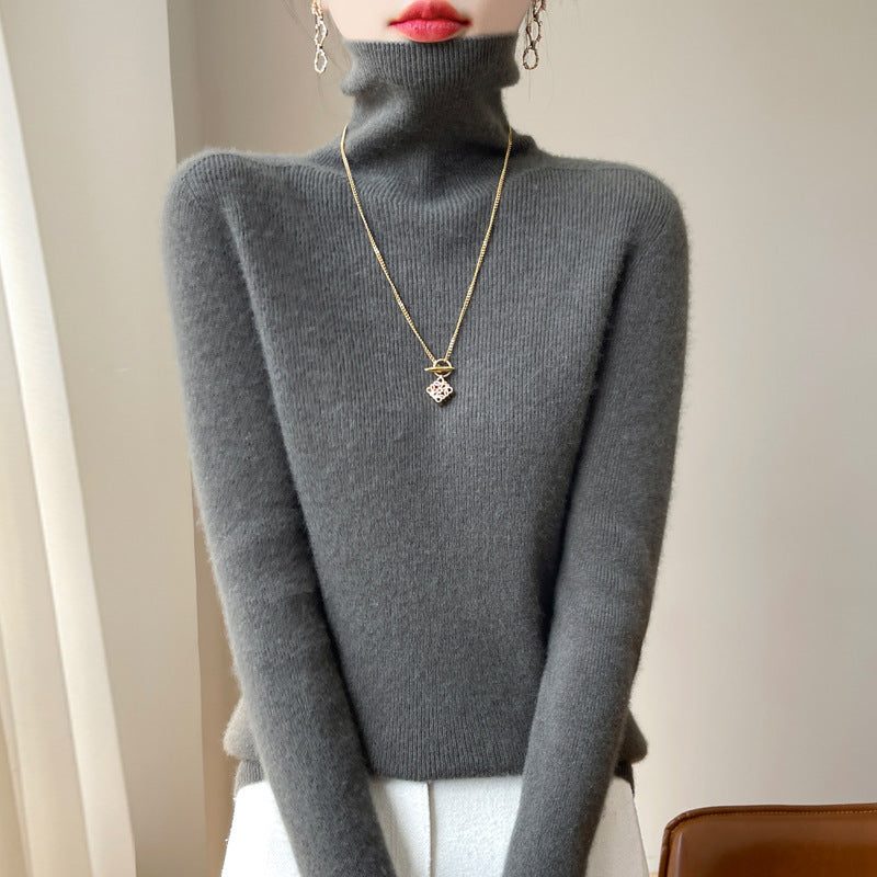 Angora Blend Ribbed Knit Turtleneck Sweater for Women - Tea Gray