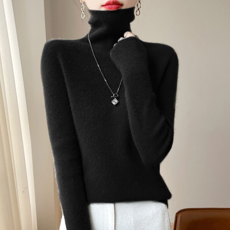 Angora Blend Ribbed Knit Turtleneck Sweater for Women - Black