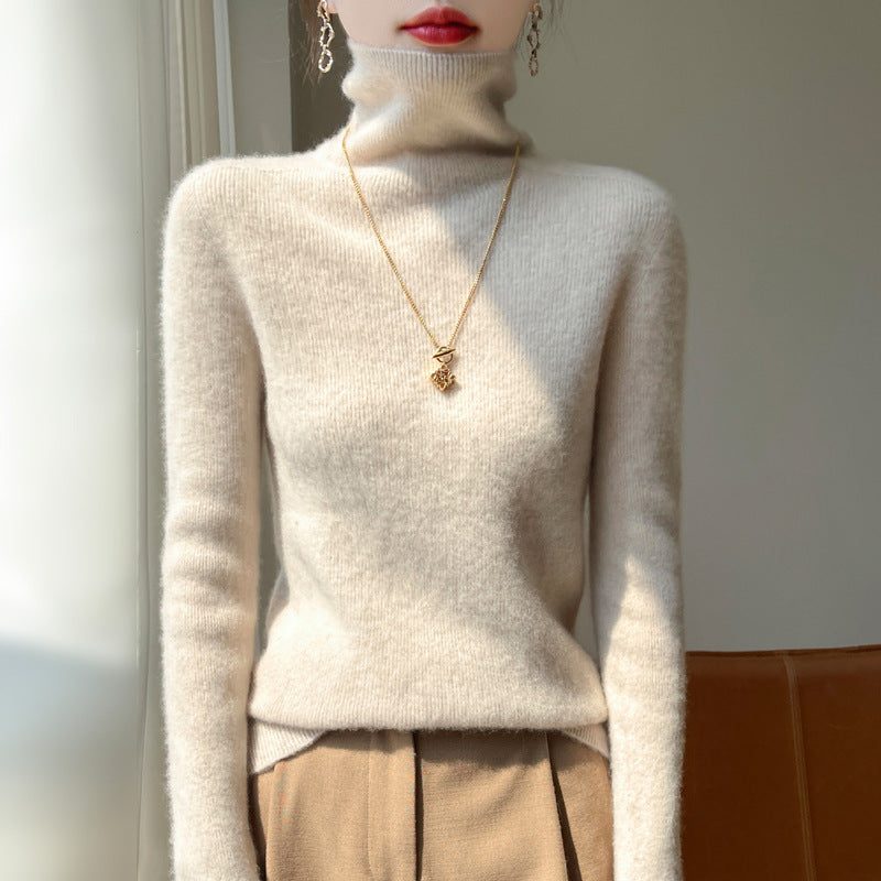 Angora Blend Ribbed Knit Turtleneck Sweater for Women - Beige
