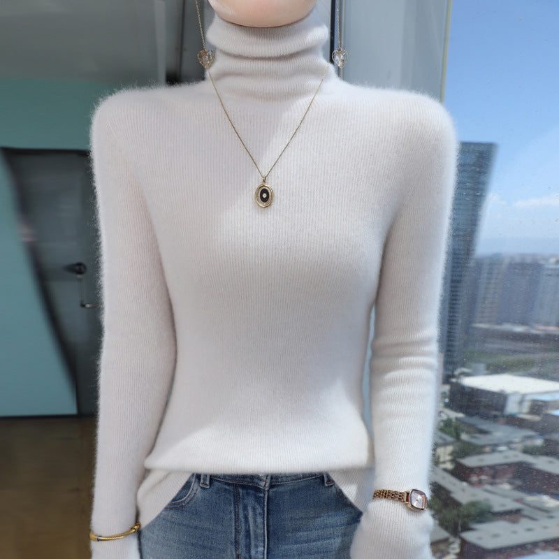 Angora Blend Ribbed Knit Turtleneck Sweater for Women - White