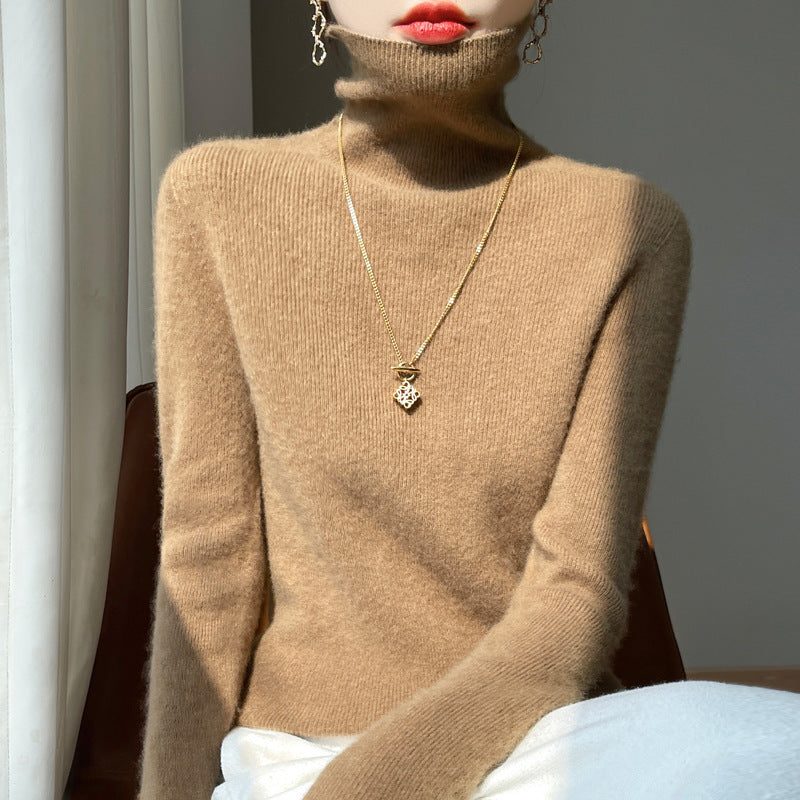 Angora Blend Ribbed Knit Turtleneck Sweater for Women - Gold-Camel