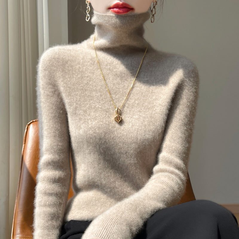 Angora Blend Ribbed Knit Turtleneck Sweater for Women - Camel Brown
