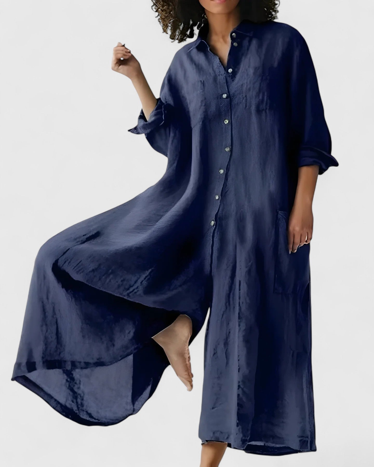 Linen Button-Front Jumpsuit Dress for Women