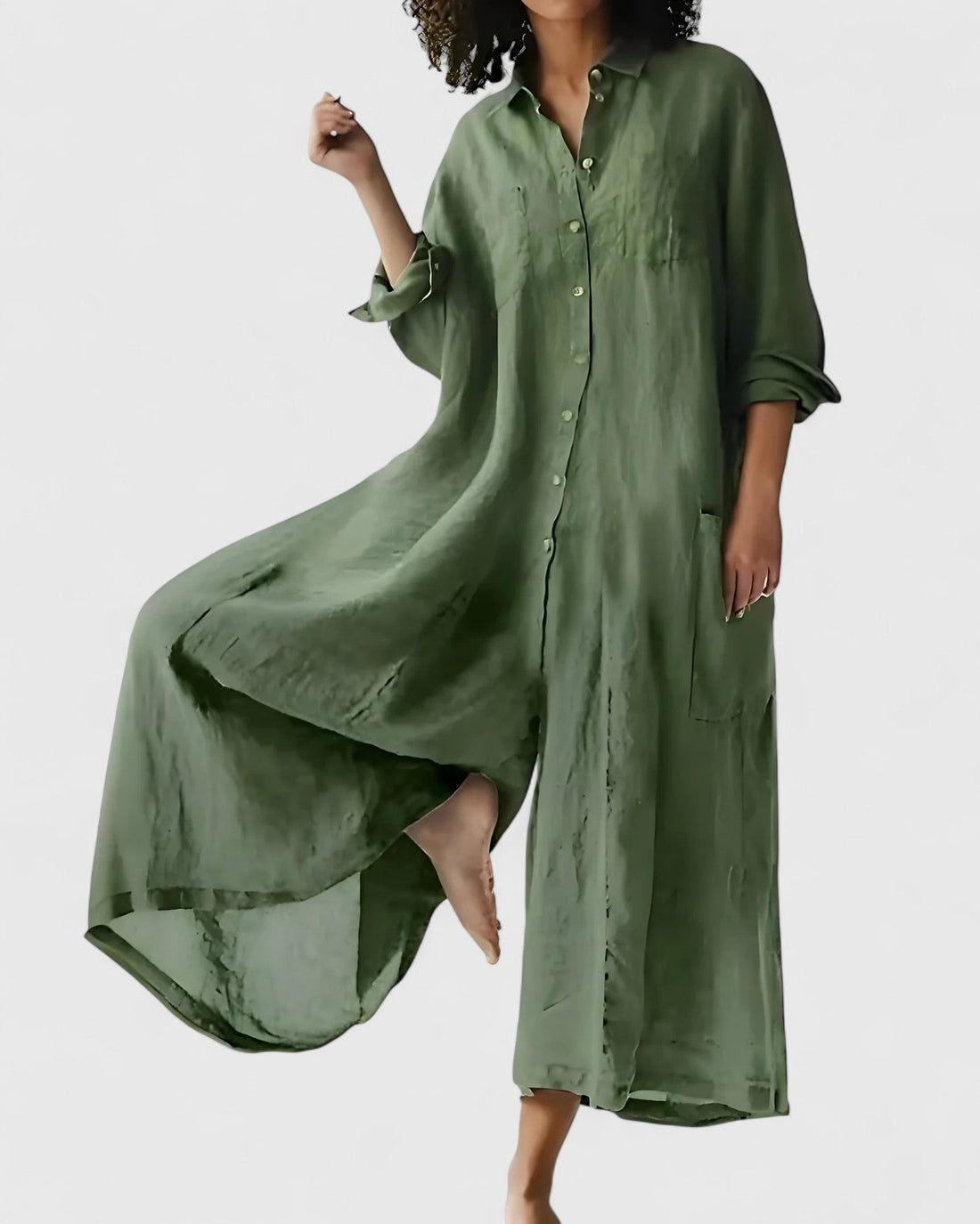 Linen Button-Front Jumpsuit Dress for Women