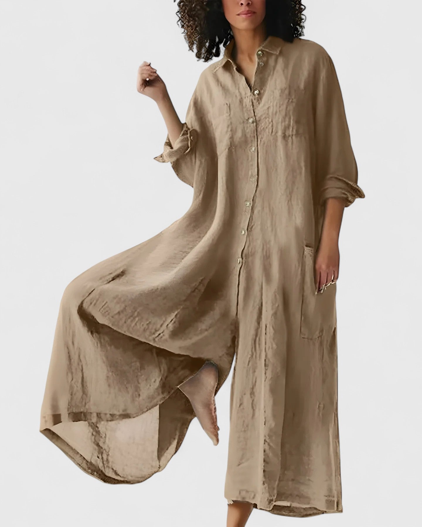 Linen Button-Front Jumpsuit Dress for Women