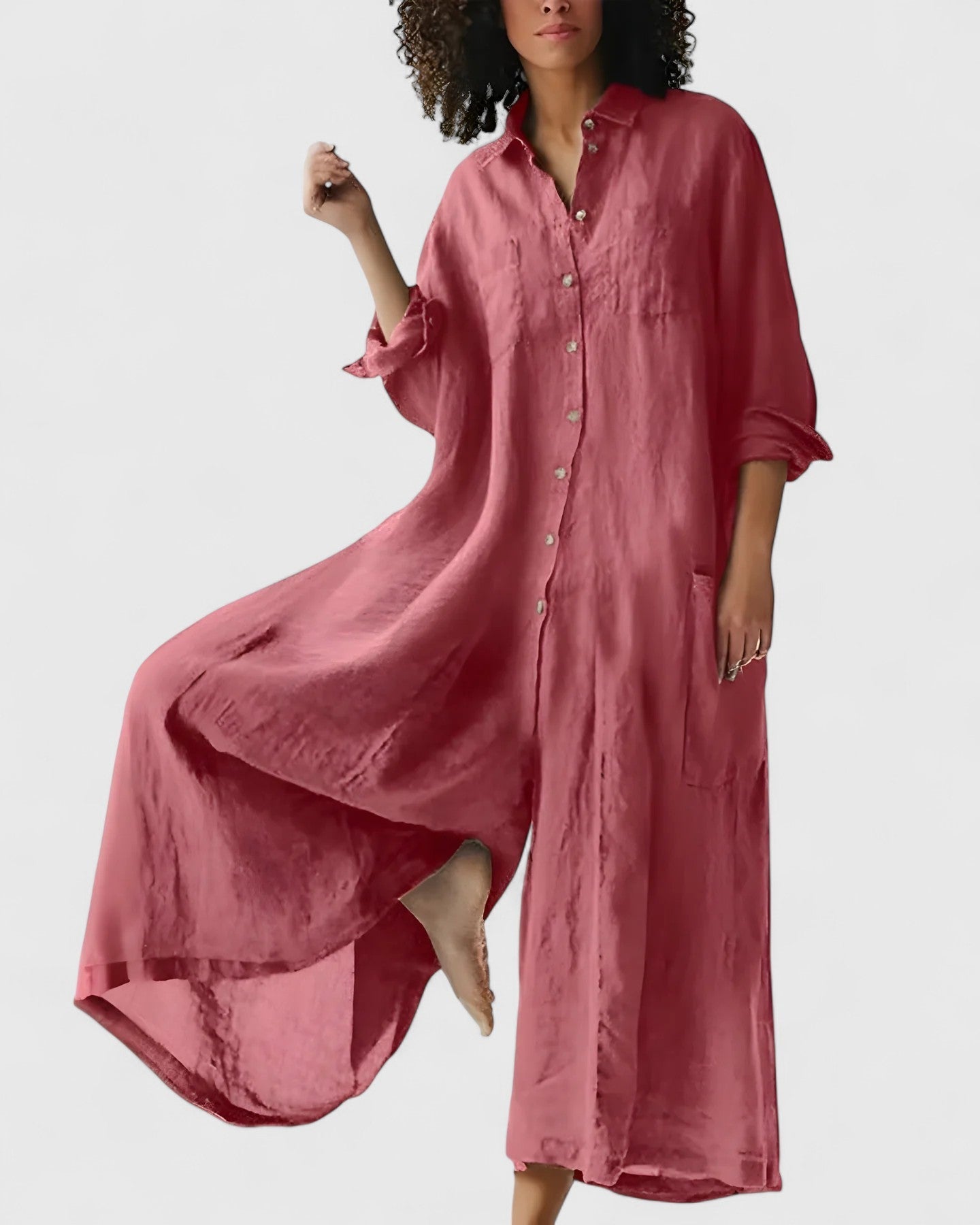 Linen Button-Front Jumpsuit Dress for Women