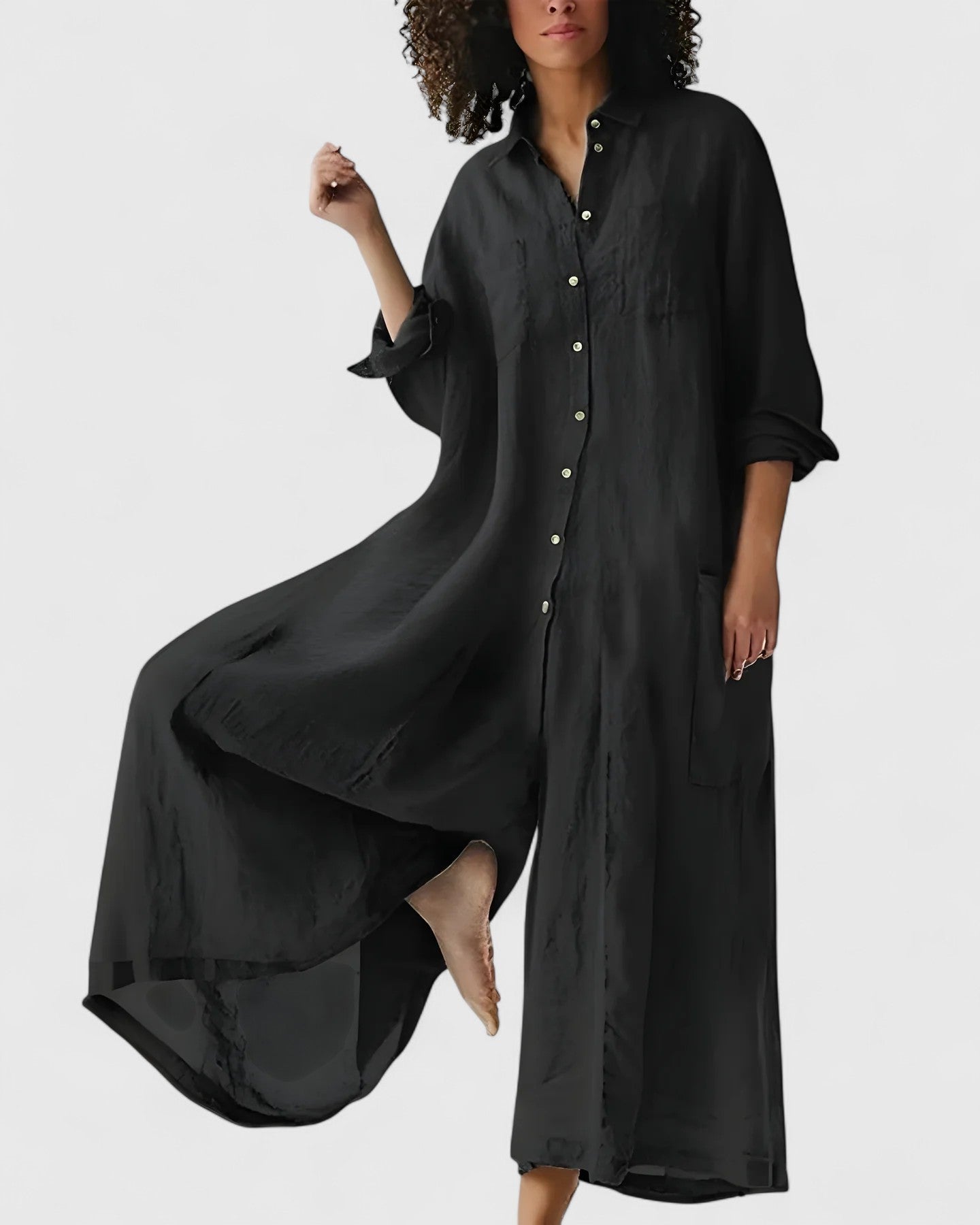 Linen Button-Front Jumpsuit Dress for Women