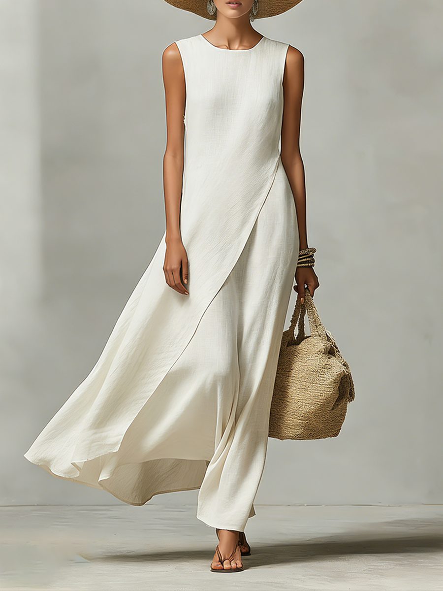 Asymmetric Hem Sleeveless Linen Maxi Dress for Women